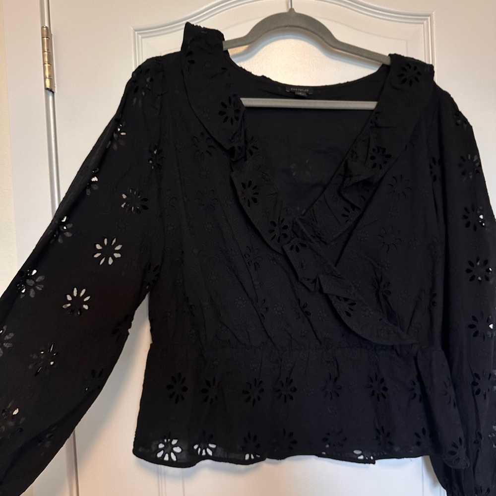 Ann Taylor long sleeve wrap front eyelet blouse